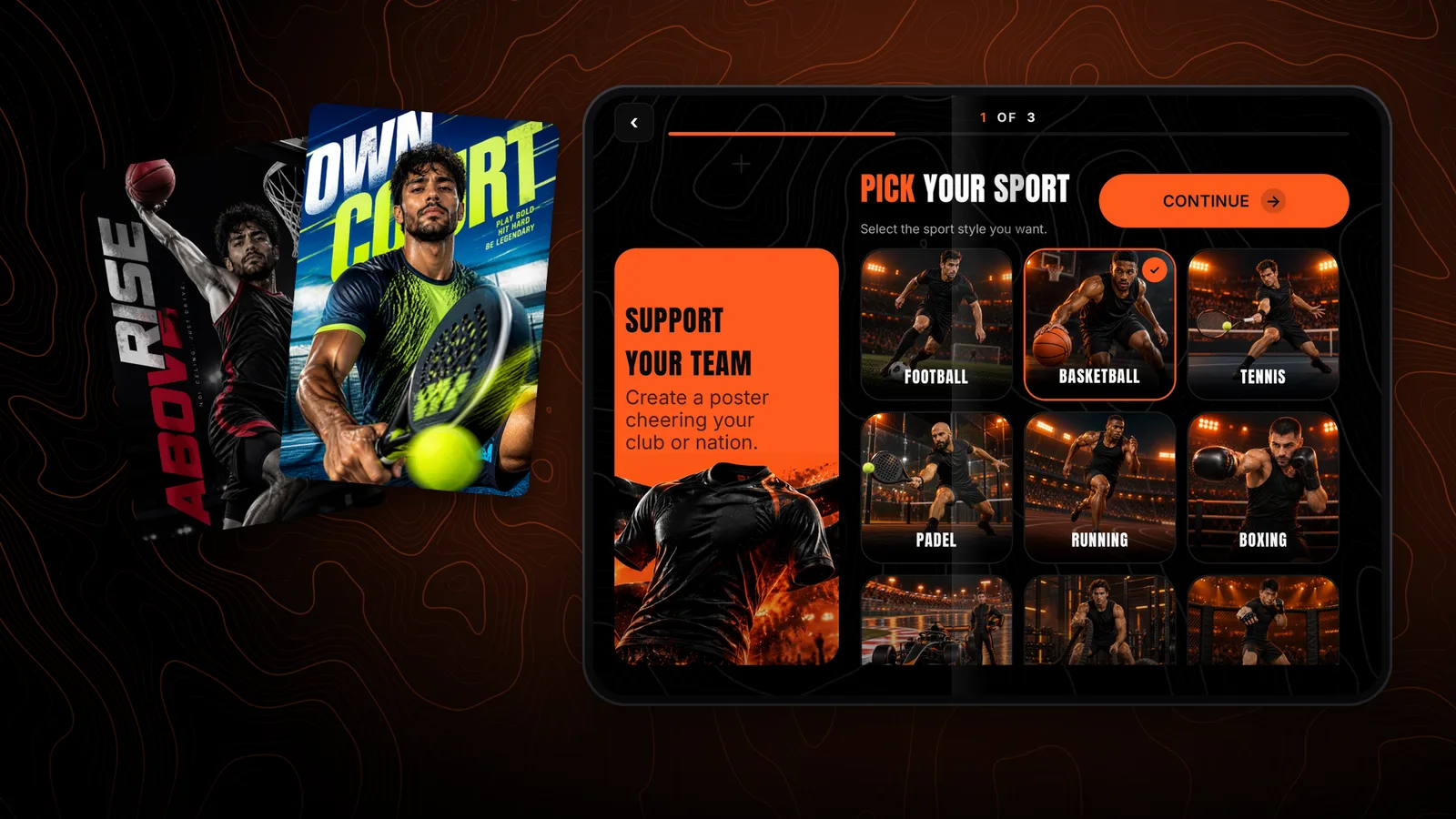 HeroFrame's sport picker unfolded on iPhone Duo, beside two sport posters