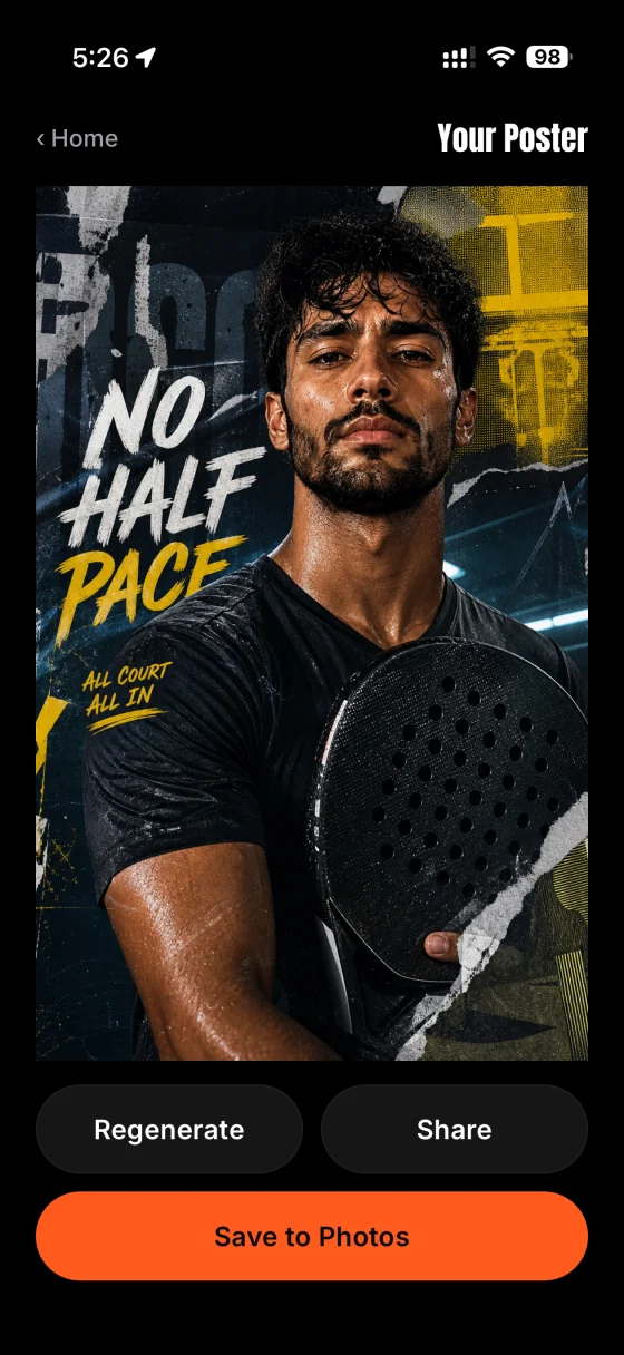 A cinematic padel poster of you, generated by HeroFrame